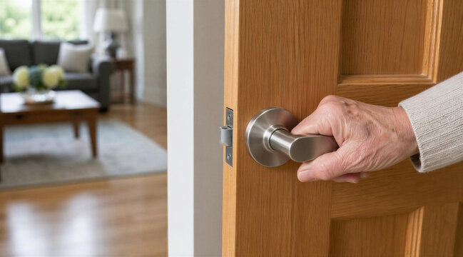 Senior Hand Opening Wooden Door into Modern Living Room