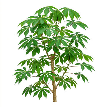Lush Green Cassava Shrub Bush With Distinct Palmately Divided Leaves Isolated On White Solid Background, Excellent For Tropical Agriculture Layouts, Root Crop Farming, And Food Themes

