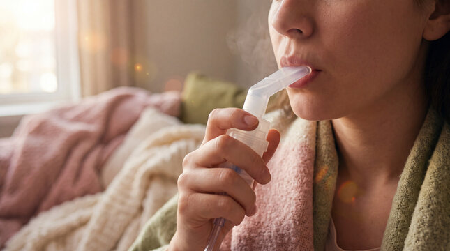 A woman wrapped in a blanket breathes in mist from a nebulizer mouthpiece during home inhalation therapy for asthma. Concept of respiratory treatment, bronchial asthma management, and cough relief.