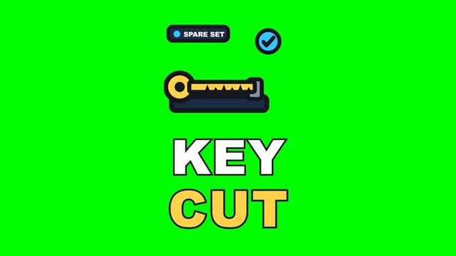 4K green screen KEY CUT animated text - the wheel biting the blank and the teeth appearing, kinetic typography locksmith and security overlay for trade content and social media, chroma key