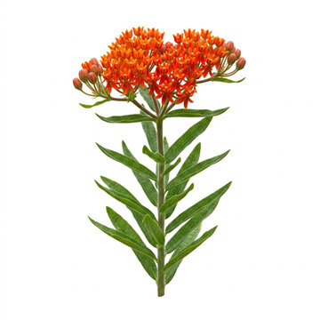 Vibrant Chigger Flower Plant With Bright Orange Blossoms Isolated On White Solid Background, Attractive Butterfly Weed Wildflower For Nature Graphics And Garden Guides
