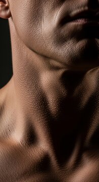 男性の喉仏と鎖骨のアップ、影と光のコントラスト