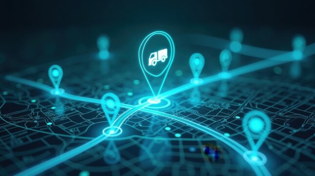 Interfaz de seguimiento por GPS proyectada en el aire sobre un mapa de la ciudad, que simboliza un sistema inteligente de transporte y entrega en l&iacute;nea