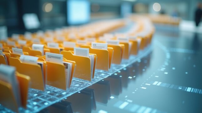 Cientos de carpetas digitales organizadas flotando en un flujo suave y curvo a trav&eacute;s de un entorno empresarial contempor&aacute;neo