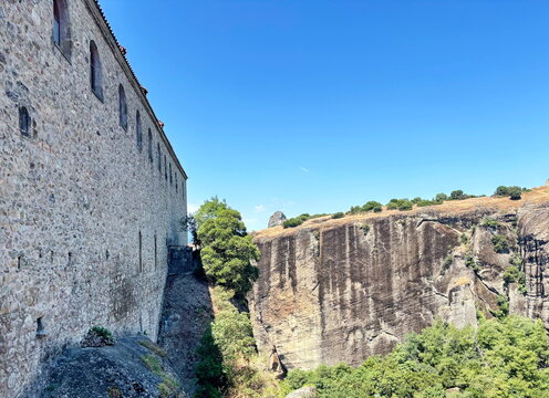 Panorama of the ancient impregnable wall of the Orthodox monastery, which for centuries was a protection against enemy aggression.
