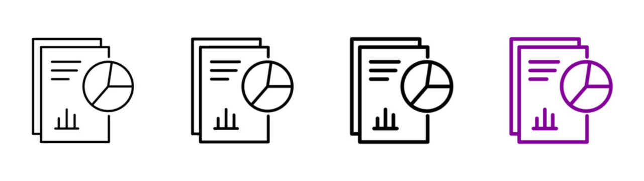 Financial report document pie chart analytics linear icon collection design. Editable vector stroke icons