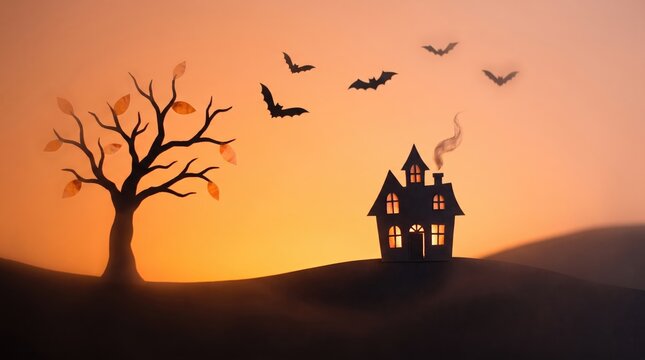 Spooky halloween scene with a haunted house bare tree and silhouetted bats against a fiery sunset