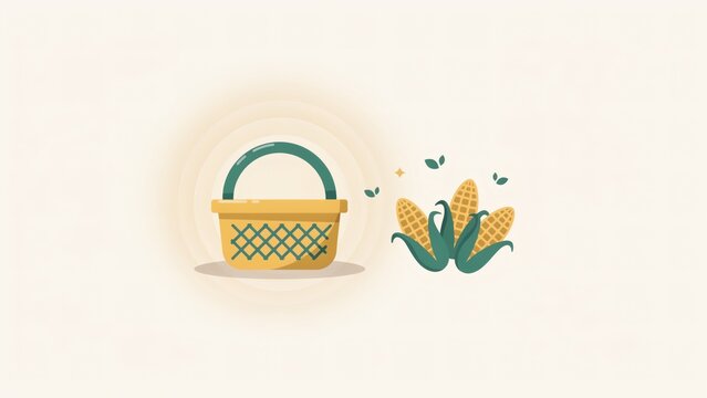 Flat illustration of woven basket with fresh corn cobs in a light with minimalist illustration style soft lighting effects bright minimalist