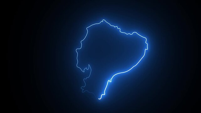 Glowing blue neon outline map of ecuador isolated on a dark black background