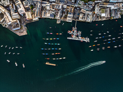 Top down view of sailboats on the river Fowey from a drone, Fowey, Cornwall, England