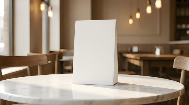 Blank white vertical table tent card standing on a marble restaurant table with blurred interior background