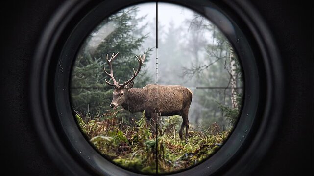 Deer in Crosshairs of a Rifle Scope in a Misty Forest.