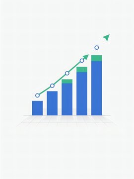 Growing bar chart with upward trend line in clean flat vector style with increasing values connected displays increasing data visualization with illustration