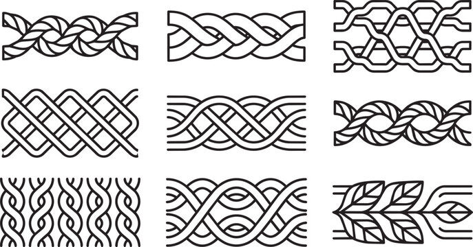 Set of black and white line icons displaying various types of braided ropes, woven patterns, twisted cables, and decorative botanical borders