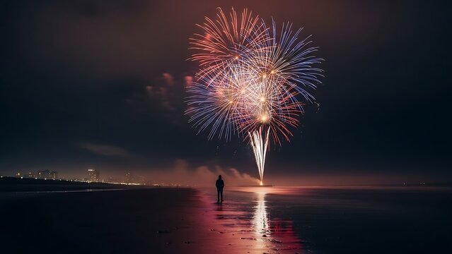 Colorful fireworks exploding over night city skyline