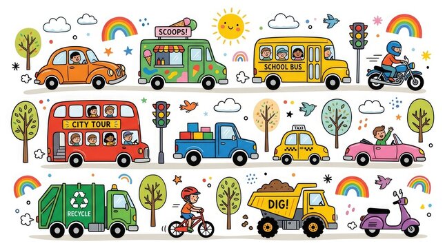 Cute cartoon vehicles and city transport set