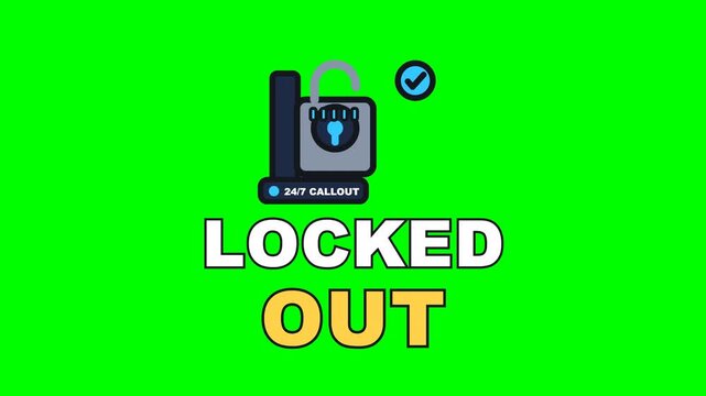 4K green screen LOCKED OUT animated text - the pick sliding in and the pins seating one by one, kinetic typography locksmith and security overlay for trade content and social media, chroma key