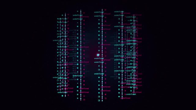 Motion graphics animation of rotating 3D digital data cube with glowing neon cyan and magenta elements on dark background for tech promo and cyber b-roll