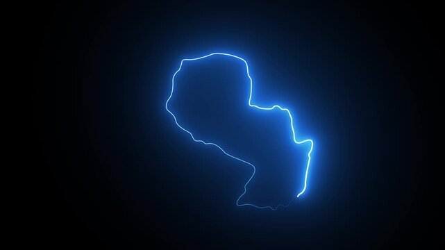 Glowing neon blue outline map of paraguay on a dark black background
