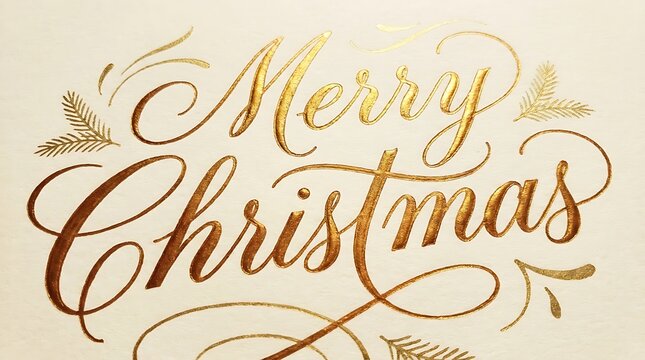 Merry Christmas gold foil calligraphy on textured white paper