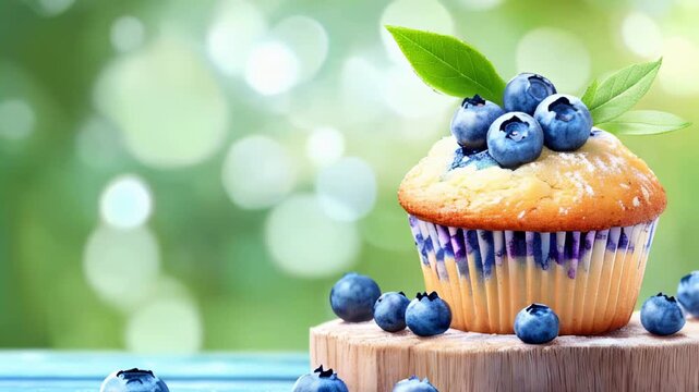 Delicious blueberry muffin with fresh berries and green leaf on wooden stand