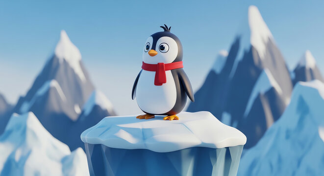 A cute 3d rendered cartoon penguin wearing a red scarf standing on an iceberg in antarctica