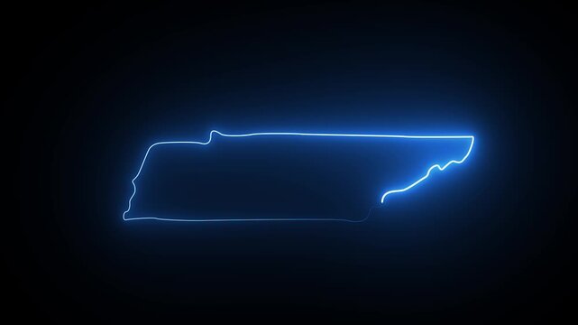 Glowing blue neon outline map of tennessee state isolated on a solid black background