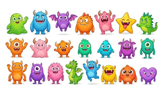 Set of cute colorful cartoon monsters isolated on white background