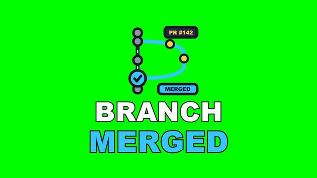 4K green screen BRANCH MERGED animated text - the commit running the branch curve into trunk, kinetic typography developer overlay for tech content and social media, chroma key
