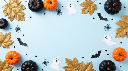 Obraz premium A delightful halloween flat lay featuring pumpkins autumn leaves spooky bats and playful spider decorations on a light blue background