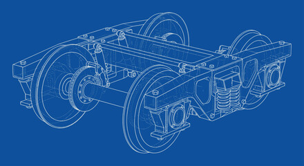 Detailed Blueprint Wireframe of a Train Bogie Assembly. © kabib