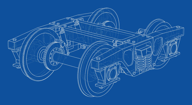 Detailed Blueprint Wireframe of a Train Bogie Assembly.
