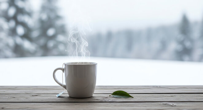 A steaming white mug of hot coffee sitting on a rustic wooden table overlooking a snowy winter landscape