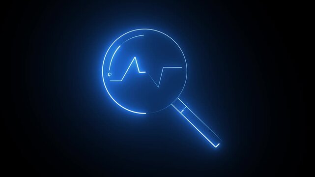Glowing blue neon magnifying glass icon with financial data chart line inside on dark background