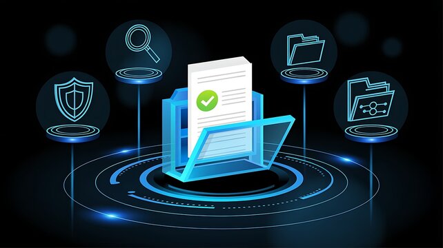 Digital document management system with security and search icons, symbolizing efficient data handling and organization. The interface showcases a clean, modern design with glowing elements.