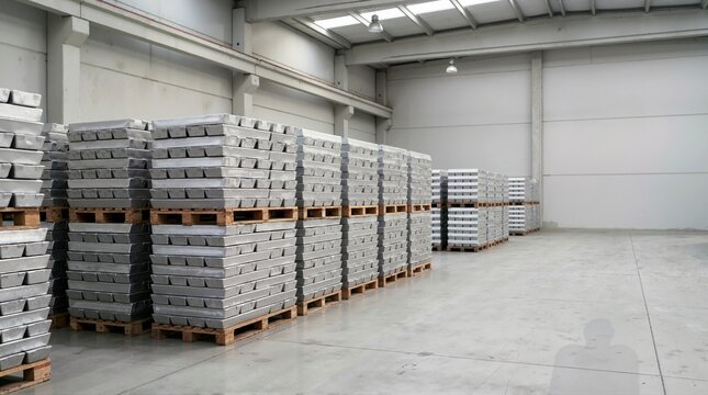Aluminum alloy ingots stacked on wooden pallets in a warehouse. Large inventory of raw silver metal blocks stored in an industrial facility