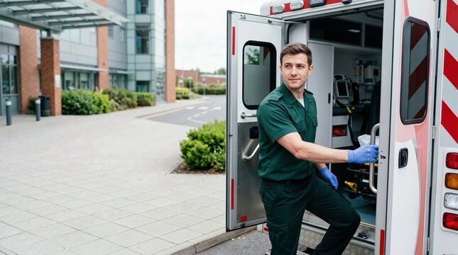 Male paramedic opening ambulance doors outside a hospital building. Emergency medical responder in uniform preparing for patient transport. Healthcare and urgent rescue service concept