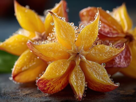 Bright tropical star fruit with dew drops on fresh juicy slices arranged on wooden surface