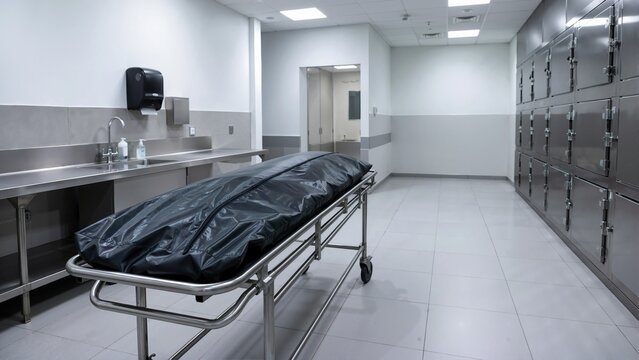 Black body bag on a stainless steel gurney in a hospital morgue. Sterile mortuary room with cold storage drawers and clinical equipment. Forensic pathology and death concept