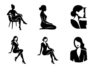 Obraz premium Collection of elegant women silhouettes in various sitting and portrait poses vector illustration set.