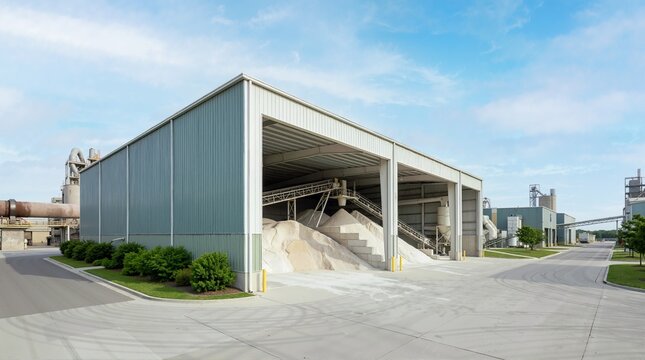 Large gypsum storage building with a conveyor belt at a cement plant. Industrial manufacturing facility and raw material stockpile