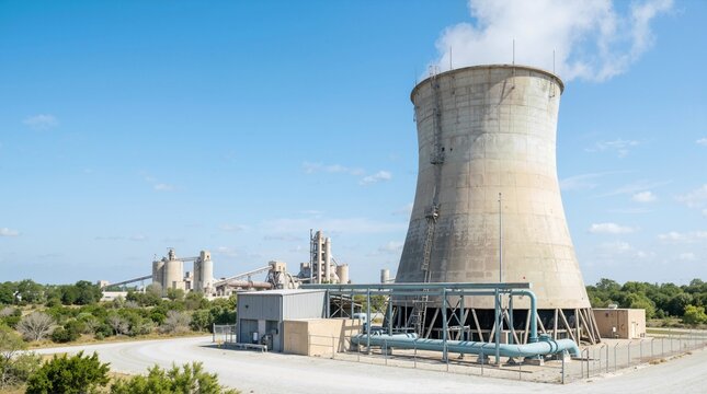 Concrete water cooling tower emitting steam at an industrial cement plant. Heavy manufacturing facility and infrastructure