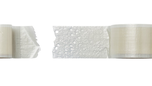 Medical adhesive tape roll with torn edges and water droplets, isolated on transparent background