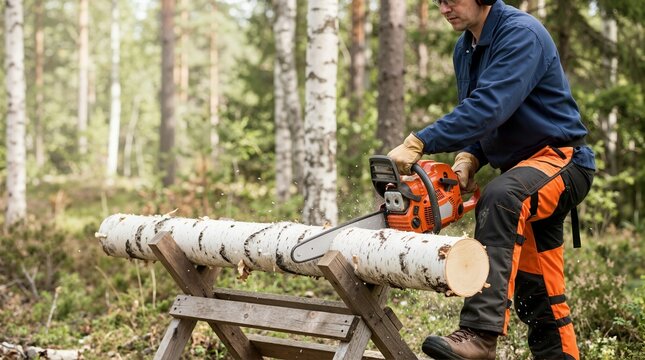 Lumberjack cutting a birch log with a chainsaw in a forest. Forestry worker wearing protective safety gear while sawing firewood