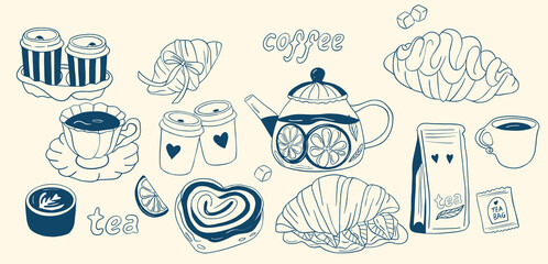 Coffee and tea doodle set with croissants, paper cups, teapot, bakery, and lemon slices line art illustration © Yaroslava