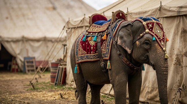 Circus elephant wearing an ornate saddle and decorative headpiece. Captive animal in traditional costume standing outside canvas tents
