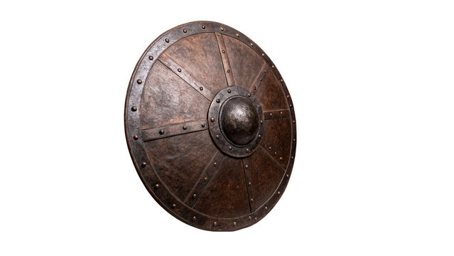 Ancient round metallic shield or textured antique bronze plate isolated element