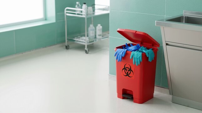 Used protective gloves overflowing from a red biohazard disposal bin. Contaminated medical waste container in a hospital or clinic room. Healthcare sanitation and infection control concept
