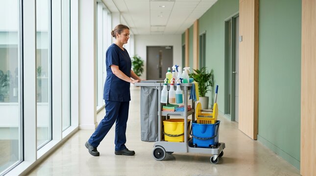 Female janitor pushing a cleaning cart down a bright commercial hallway. Woman in uniform transporting housekeeping supplies and equipment. Facility maintenance and professional sanitation service