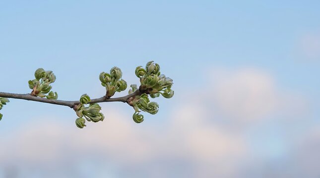 Fresh green tree branch with budding leaves during a beautiful sunny spring morning